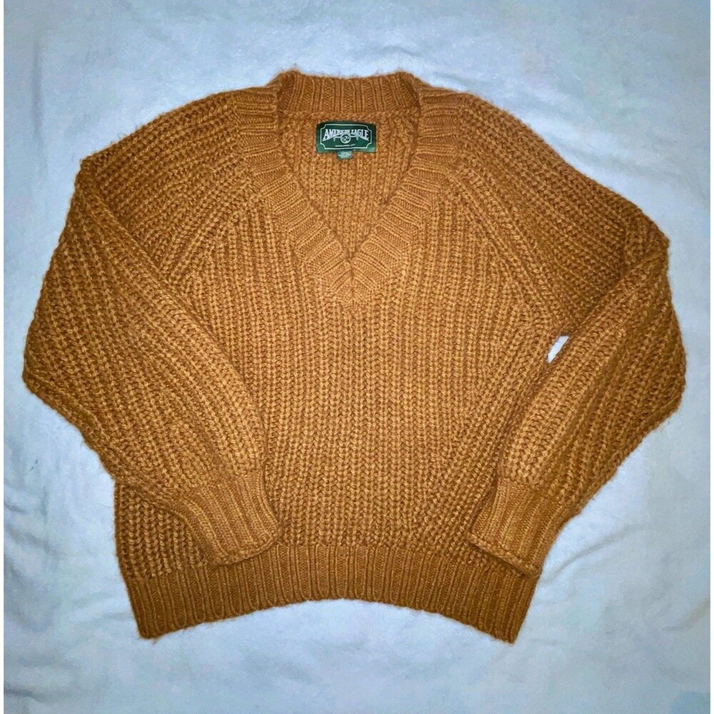 AE caramel V-Neck grandma core Knit Pullover Sweater Long Sleeve slouchy fall S